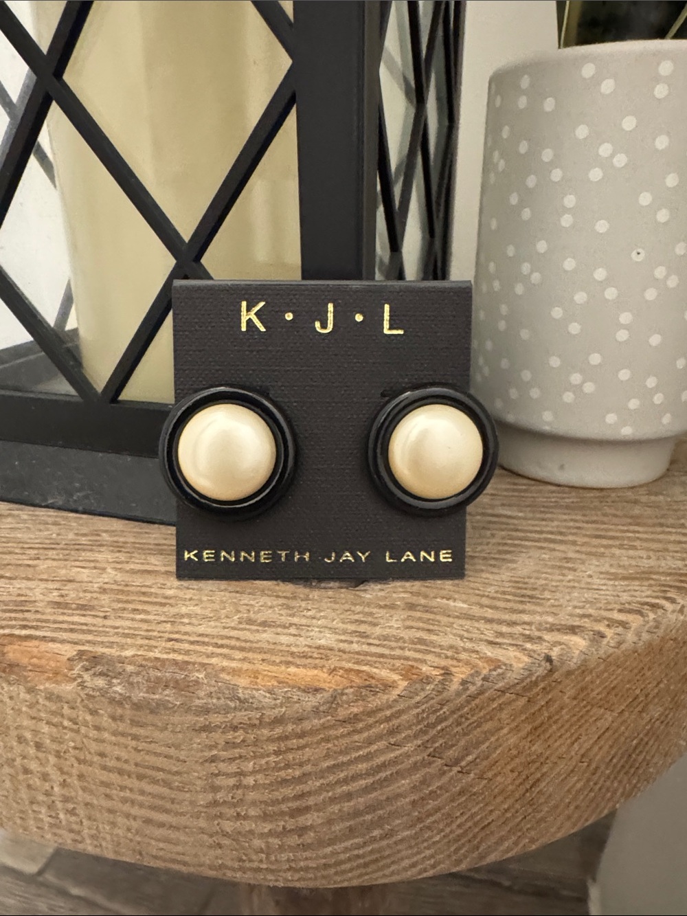 Kenneth Jay Lane Black and Cream Round Button Earrings - Picture 1 of 2